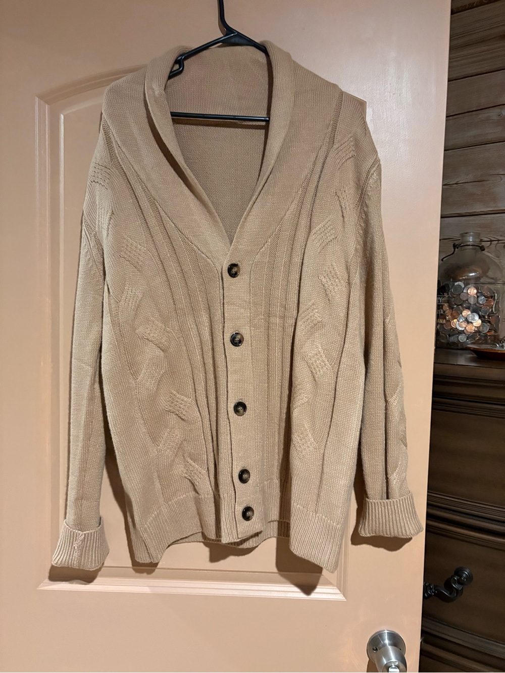 Shawl Collar Cable Knit Cardigan Sweater - Tan NWOT !